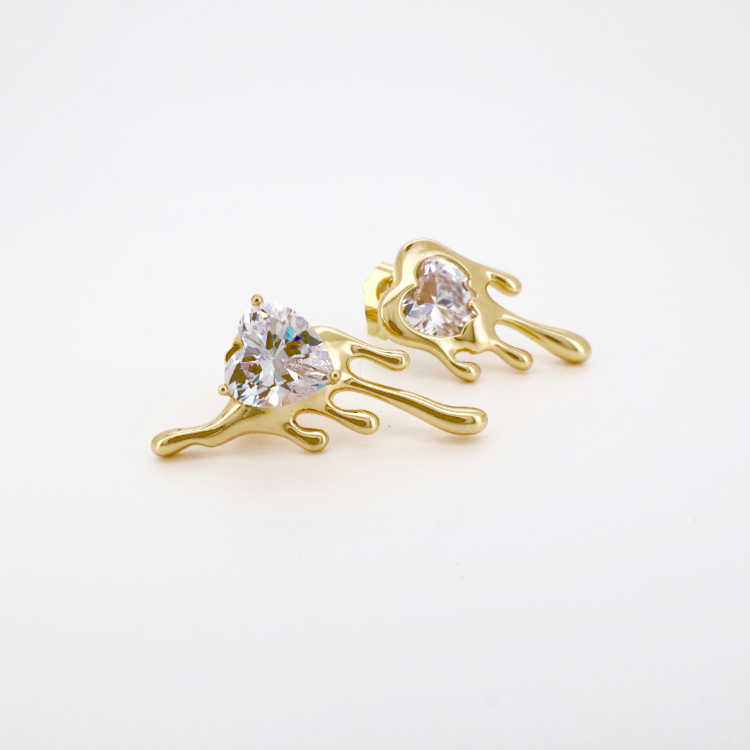 Gold Dripping Heart Stud Earrings