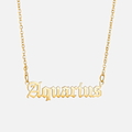 A gold-plated necklace with the word 'Aquarius' written in gothic font on a chain.