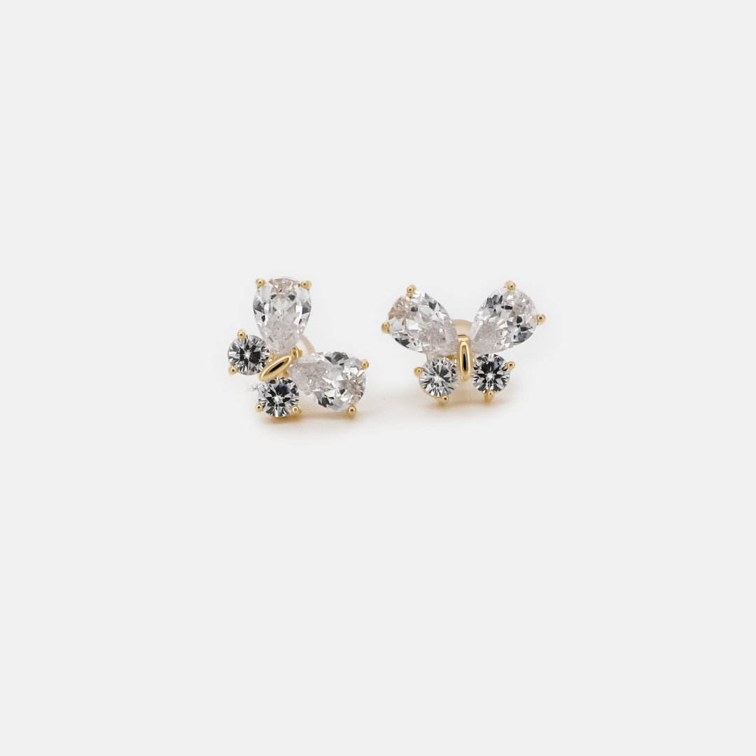 Front view of gold crystal butterfly earrings