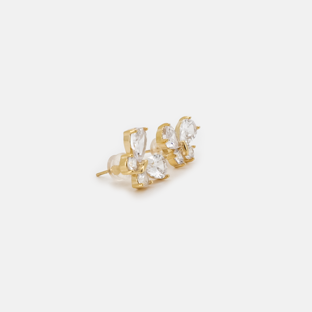 Gold crystal butterfly earrings, side view