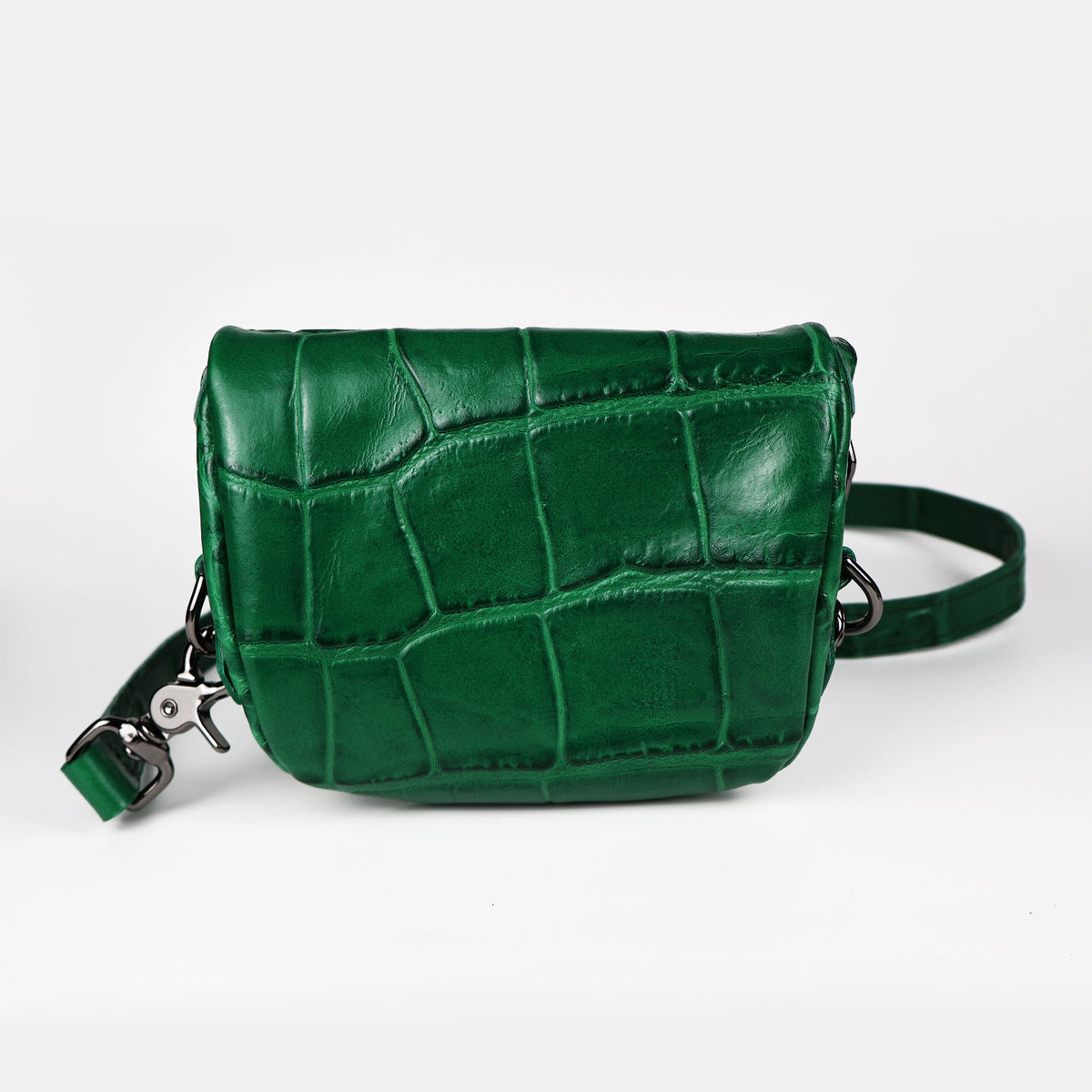 The back of A green crocodile press leather Amara Petite Bum Bag