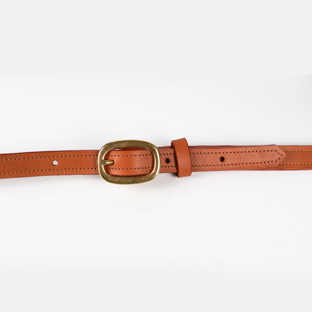 A brown strap with a brass gold hardware 