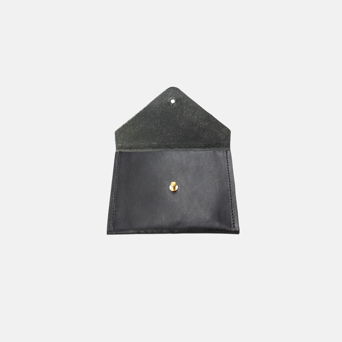Black leather pouch with a gold button on a light gray background