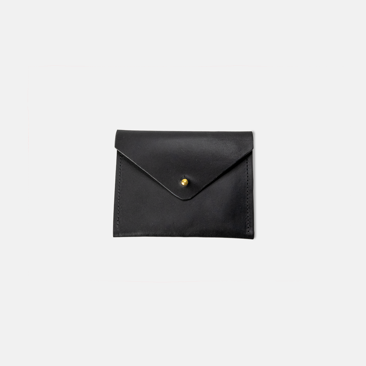 Black leather envelope with a gold clasp on a light gray background