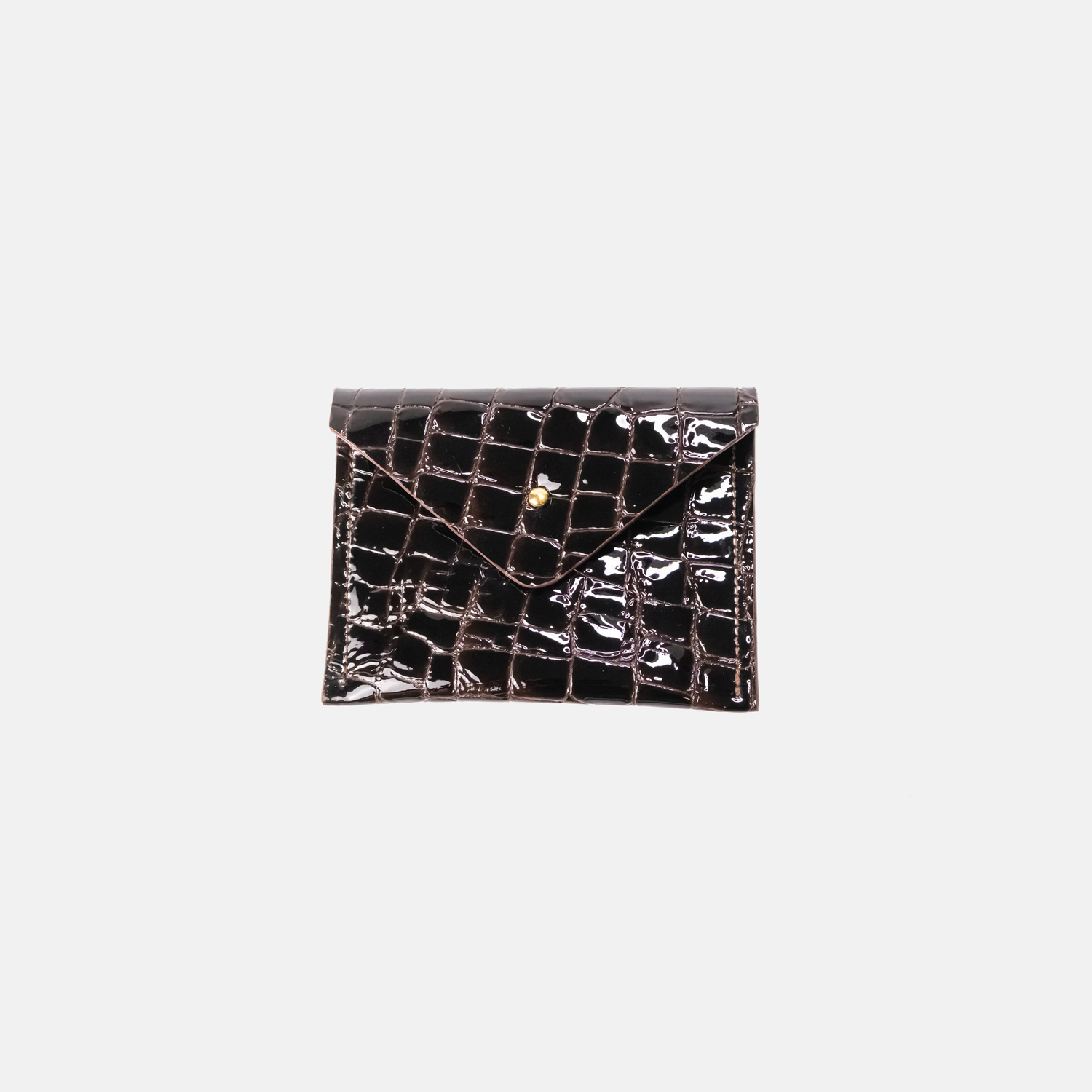 Dark Brown leather crocodile-patterned clutch bag on a light gray background