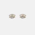 Gold eye-shaped stud earrings with clear crystals