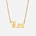 A gold-plated stainless steel necklace with a Leo zodiac sign pendant in a gothic font.