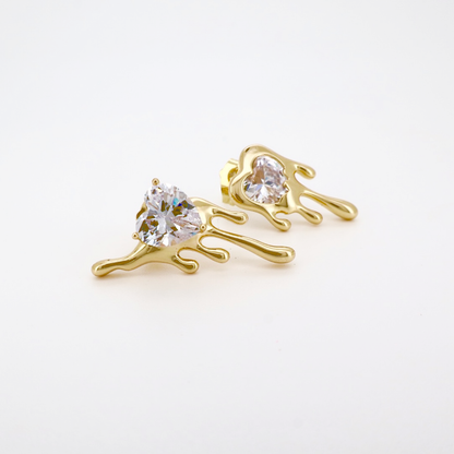 Gold Dripping Heart Stud Earrings