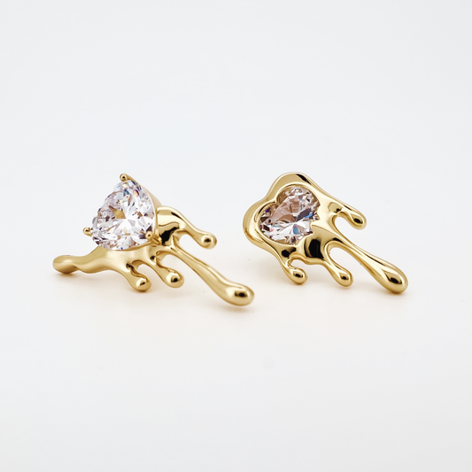 Gold Dripping Heart Stud Earrings