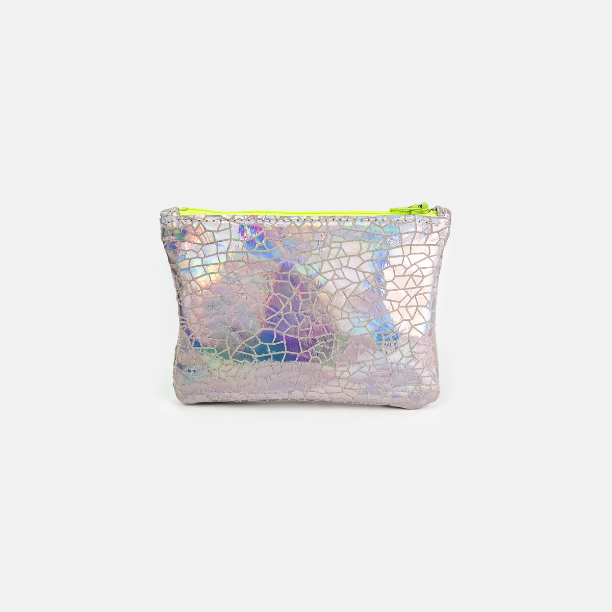 Iridescent leather mini coin pouch with zipper, front view