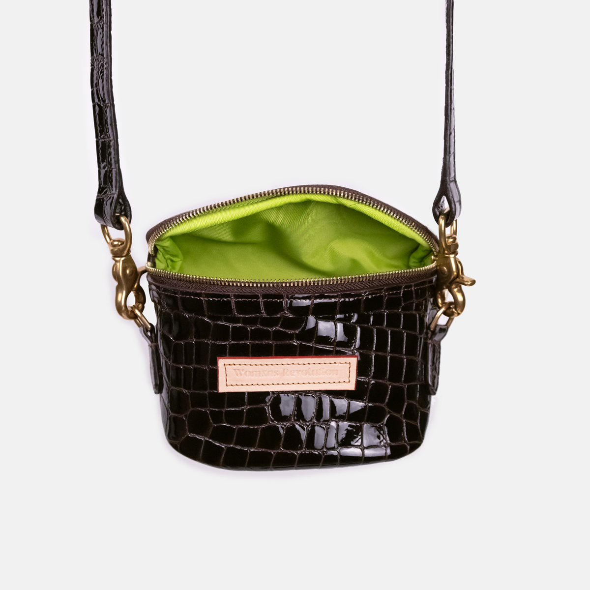 Dark Brown crocodile-patterned handbag with a gold clasp on a white background