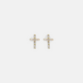 Pair of gold cross stud earrings set with clear baguette-cut crystals on a white background.